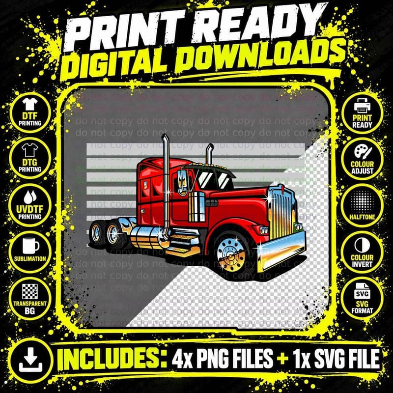 Big Rig Truck Red Semi Lorry Retro Cartoon T-Shirt Png SVG Digital Bundle