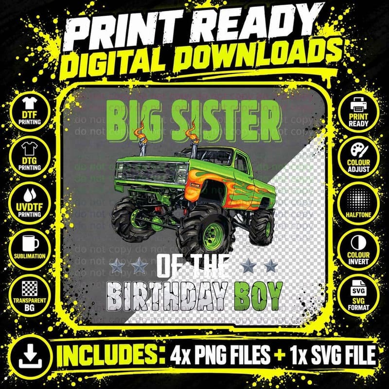 Big Sister of Birthday Boy Monster Truck Car Family Png SVG Digital Bundle