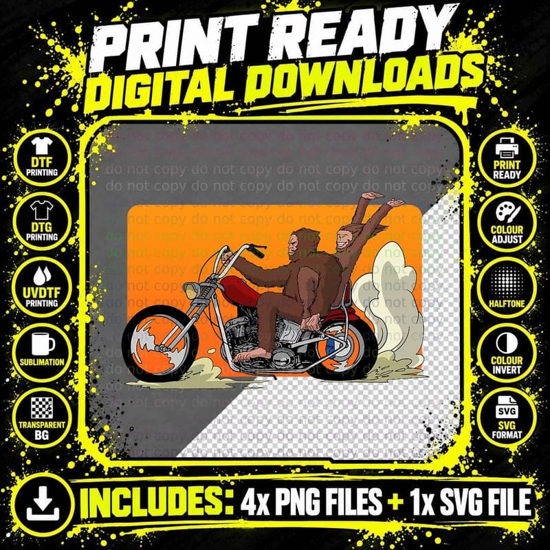 Bigfoot Riding Motorcycle for Biker Sasquatch Chick Png SVG Digital Bundle