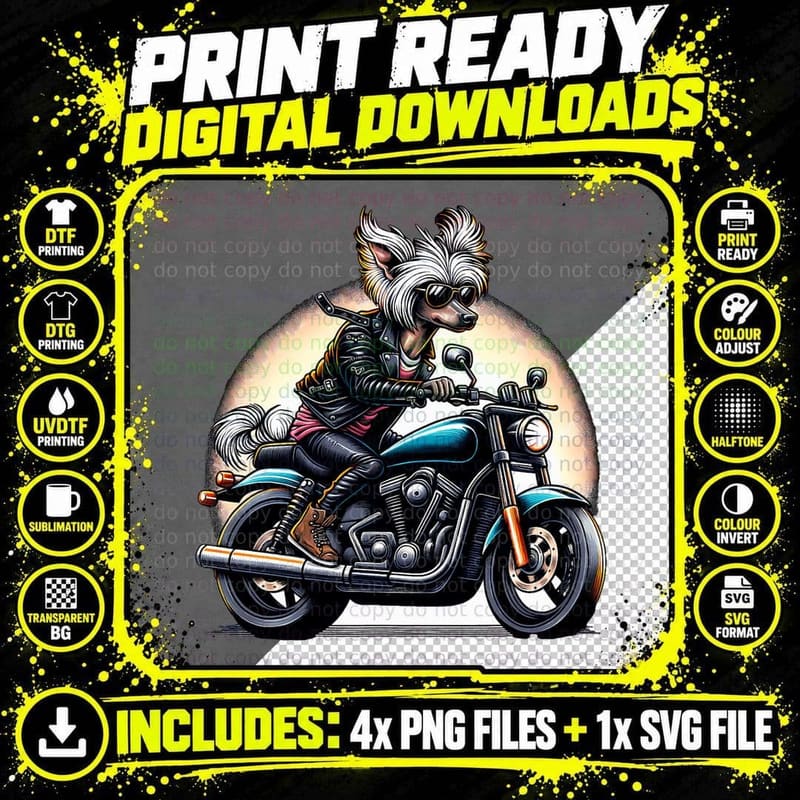 Biker Chinese Crested Dog Riding Motorbike Png SVG Digital Bundle