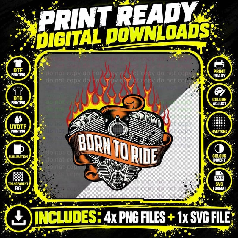 Born to Ride Motorcycle Flaming Engine Banner Orange Png SVG Digital Bundle