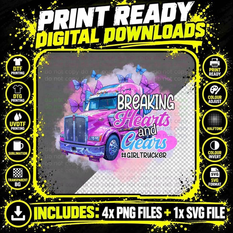 Breaking Hearts and Gears Girltrucker Trucker T-Shirt Png SVG Digital Bundle