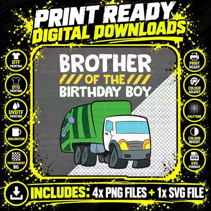 Brother of the Birthday Boy Garbage Truck Birthday Party Png SVG Digital Bundle