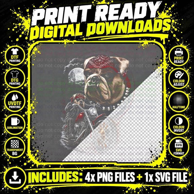 Bulldog Biker T-Shirt, Halftone Motorcycle Dog Graphic Png SVG Digital Bundle