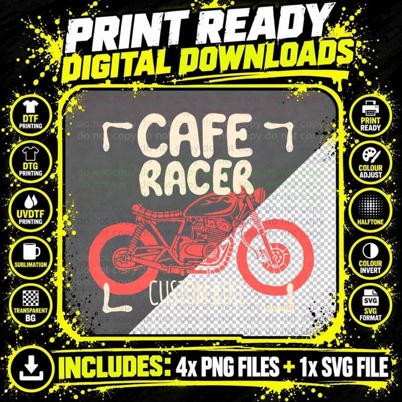 Cafe Racer Red Custom Bike Motorcycle Flames T-Shirt Png SVG Digital Bundle