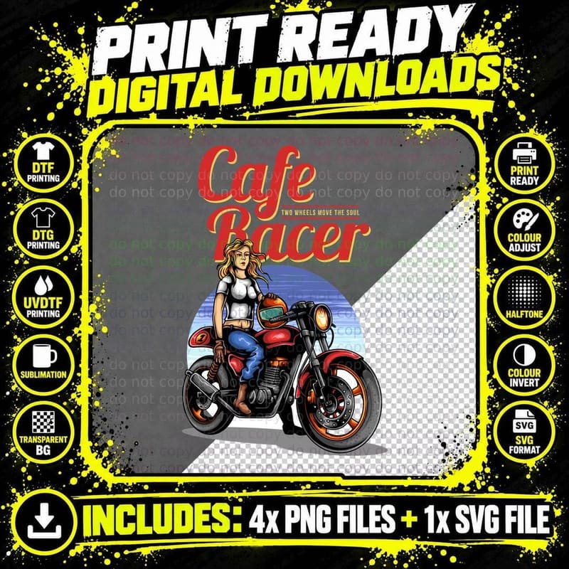 Cafe Racer Two Wheels Move the Soul Female Biker Png SVG Digital Bundle