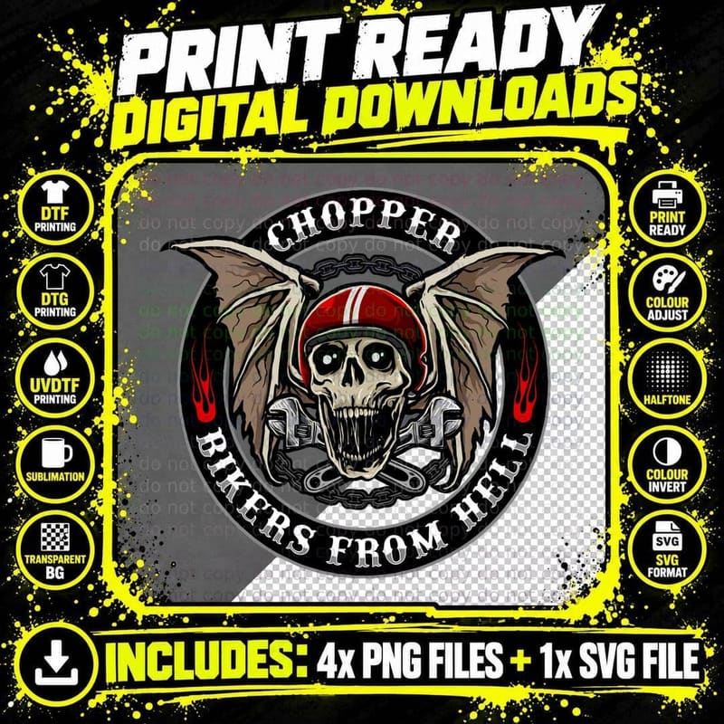 Chopper Bikers from Hell from Biker Skull Chain Png SVG Digital Bundle