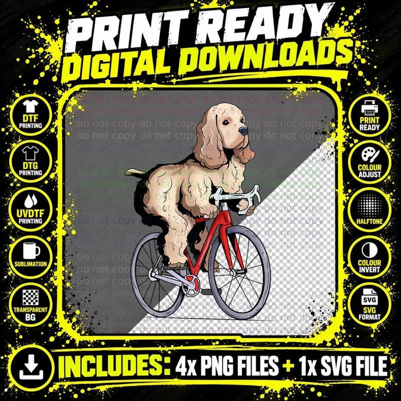 Cocker Spaniel Riding Bicycle Cute Biker Png SVG Digital Bundle