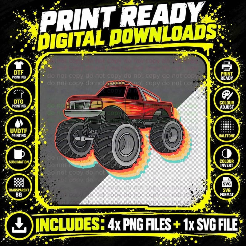 Cool Monster Truck Art for Men Women Vintage Monster Png SVG Digital Bundle