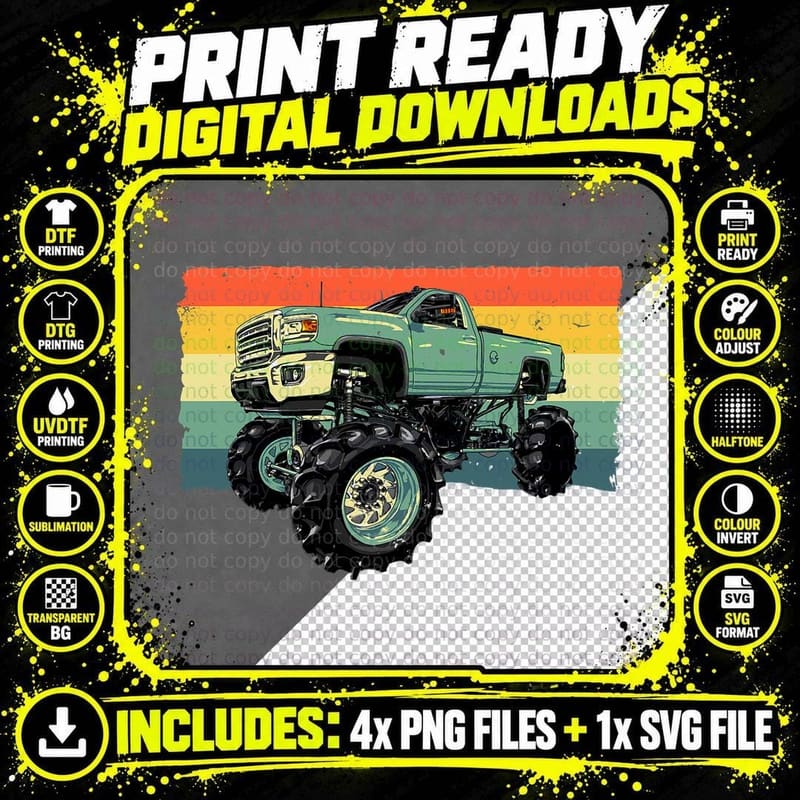 Cool Monster Truck for Men Women Toddler Big Monster Png SVG Digital Bundle