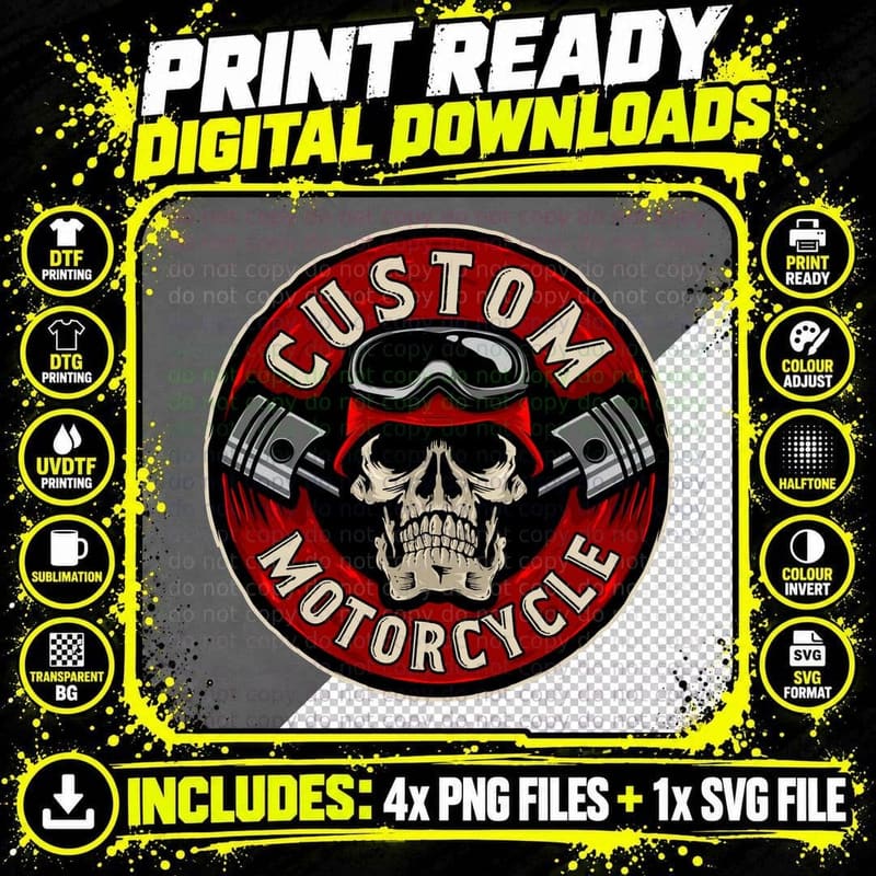 Custom Motorcycle Skull Circle Patch Emblem T-Shirt Png SVG Digital Bundle