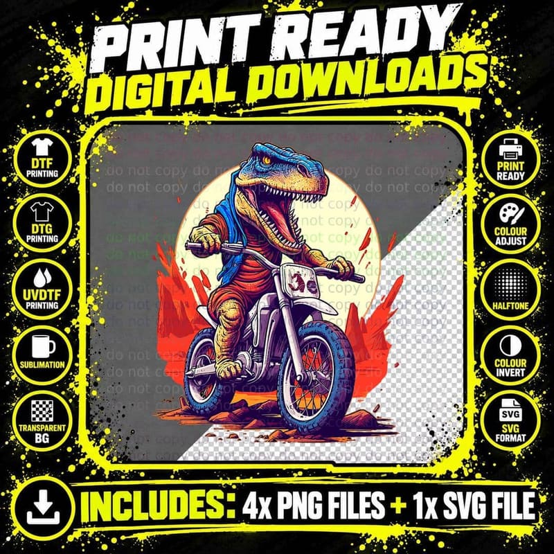 Dinosaur Motor Bike Riding Funny Dirt Bike Biker T Rex Png SVG Digital Bundle