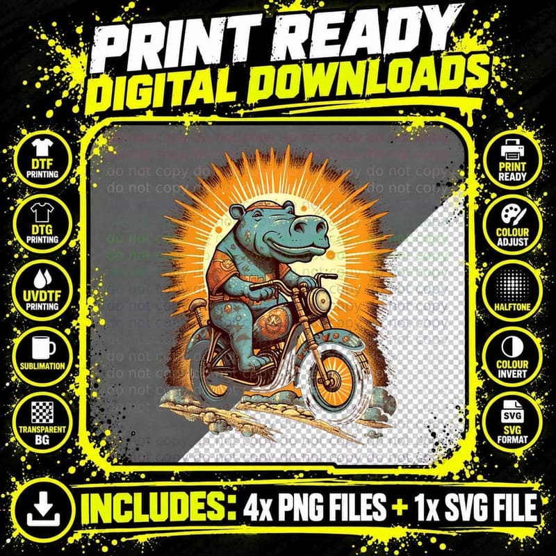 Dirt Bike Hippo Funny Hippopotamus Biker Motocross Racer Png SVG Digital Bundle