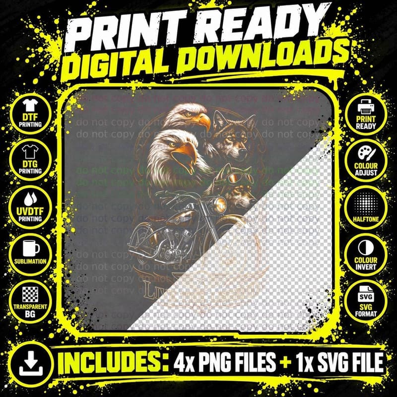 Eagle Wolf Biker T-Shirt, Halftone Legend Motorcycle Png SVG Digital Bundle