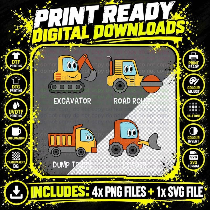 Excavator Road Roller Truck Loader Kids Toddlers T-Shirt Png SVG Digital Bundle