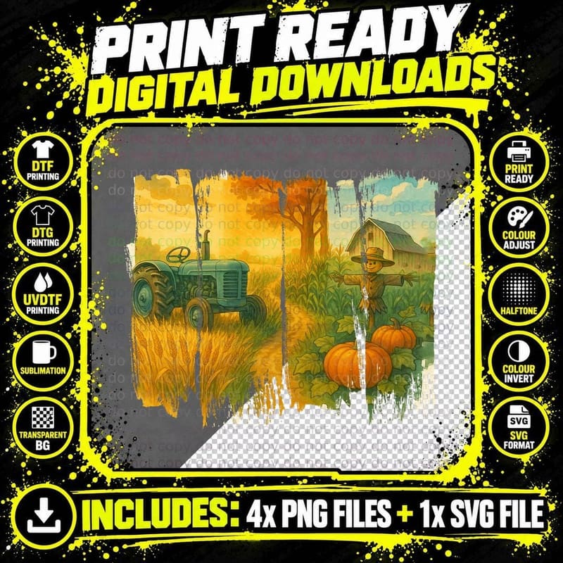 Farming Scene with Tractor and Scarecrow Farmer T-Shirt Png SVG Digital Bundle