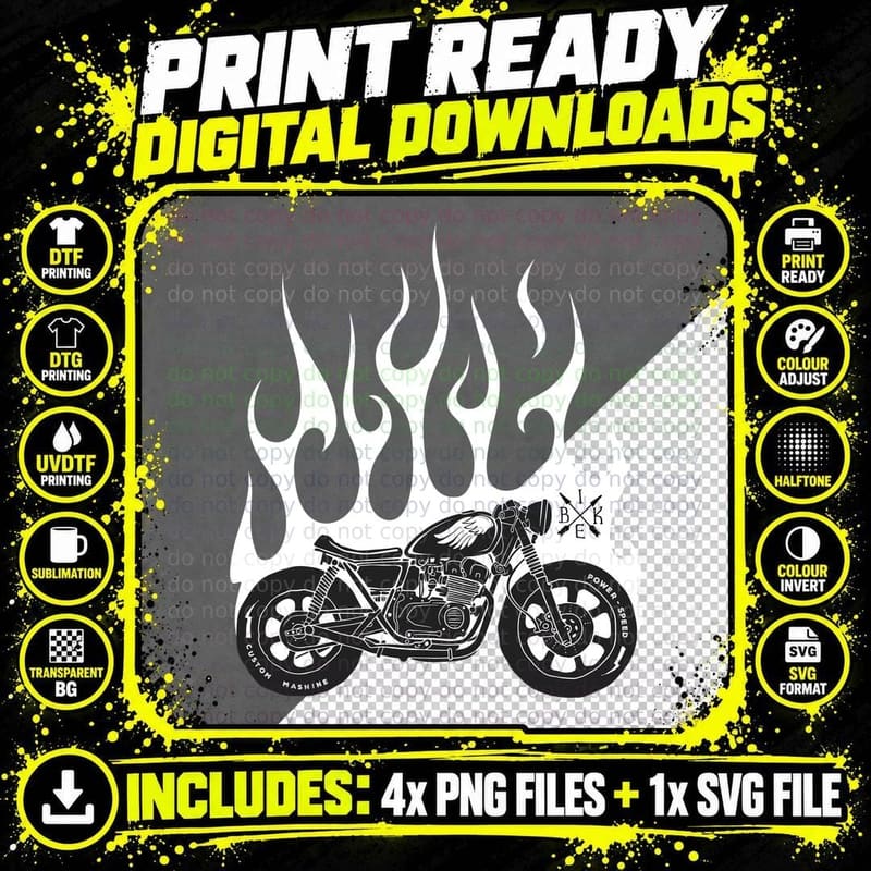 Flame Motorcycle Flames Burning White Vintage T-Shirt Png SVG Digital Bundle