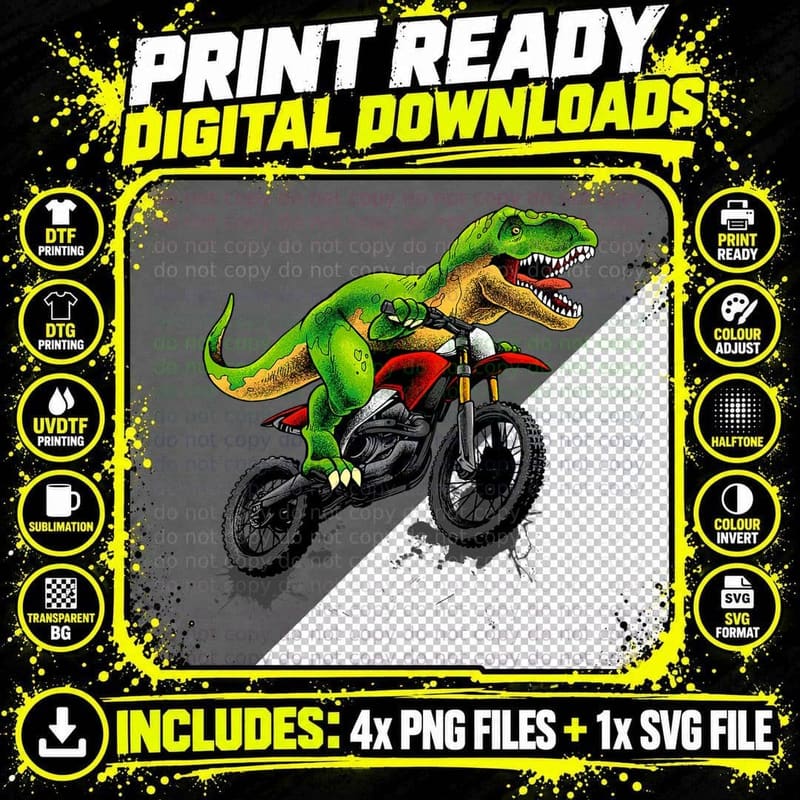 Funny Dirt Bike for Men Boys Kids Dinosaur Motorcycle Png SVG Digital Bundle
