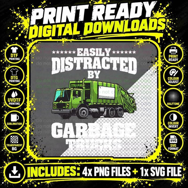 Funny Garbage Trucks Design Kids Men Women Trash Truck Png SVG Digital Bundle