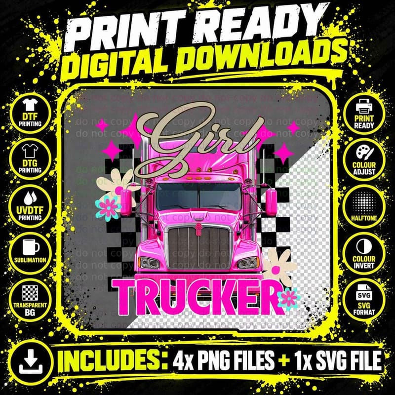 Girl Trucker T-Shirt, Pink Truck with Flowers on Graphic Png SVG Digital Bundle