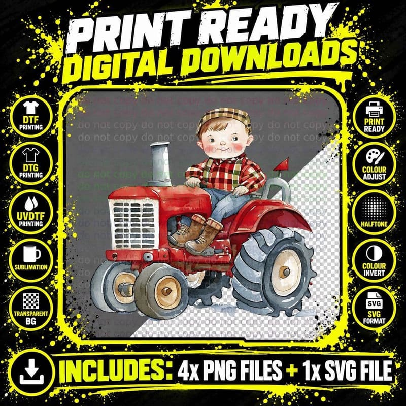 Little Boy on Red Tractor Farmer T-Shirt Png SVG Digital Bundle