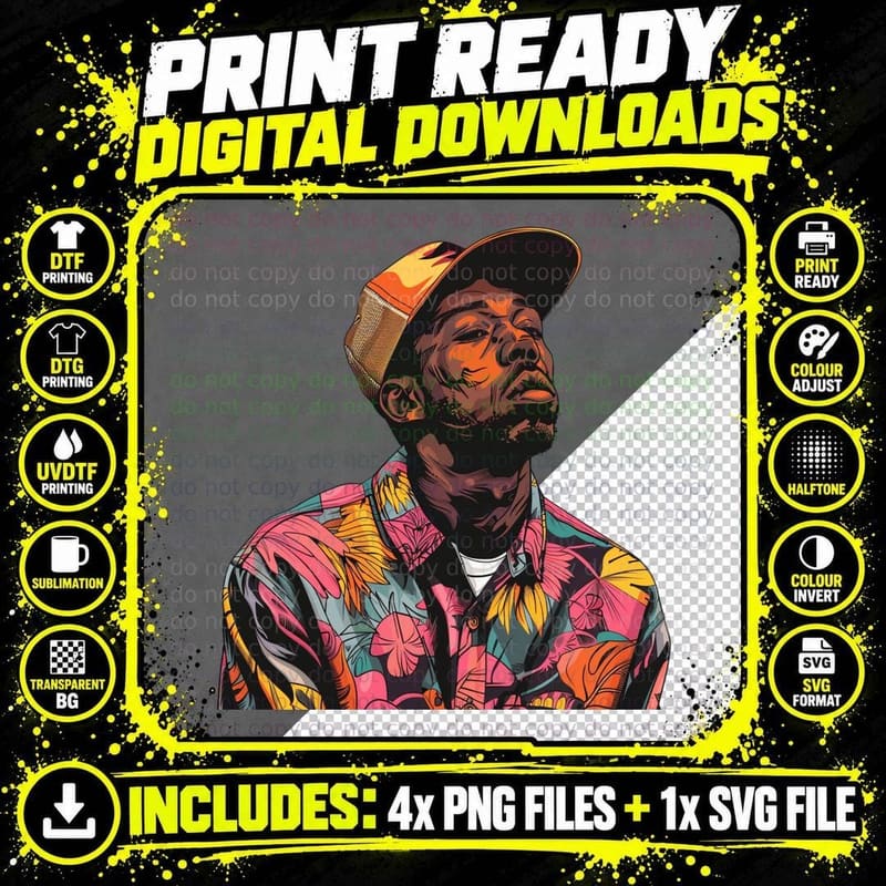 Male in Tropical Shirt and Cap Trucker Closed Eyes Png SVG Digital Bundle