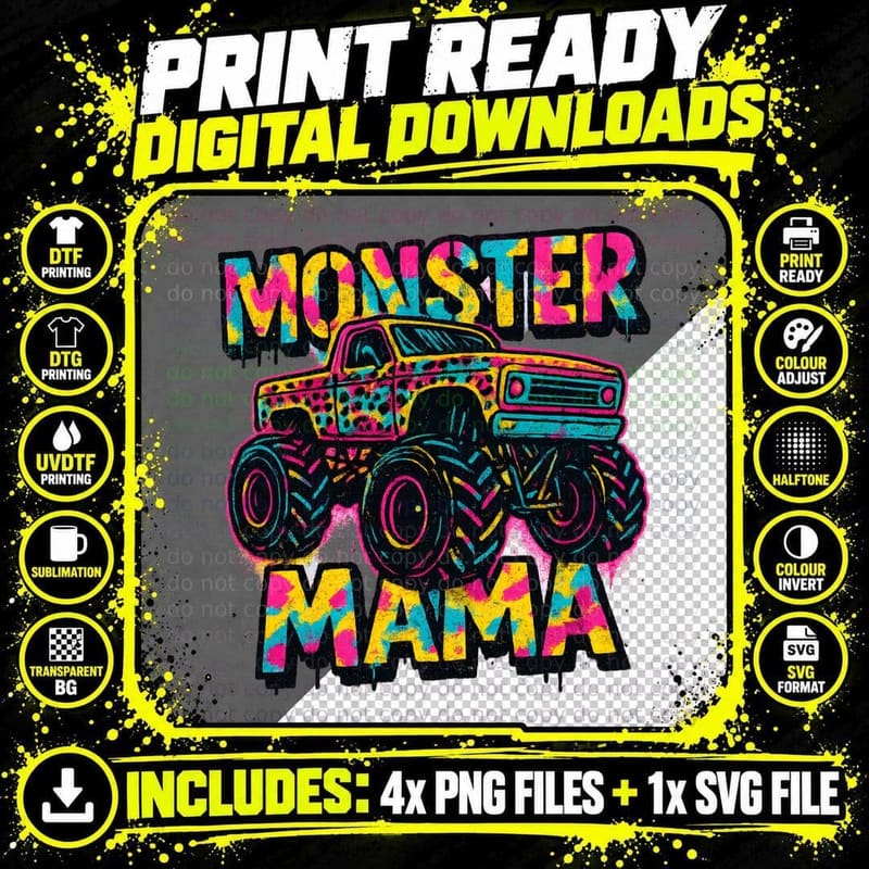 Monster Mama Trucker T-Shirt, Colorful Monster Truck Png SVG Digital Bundle