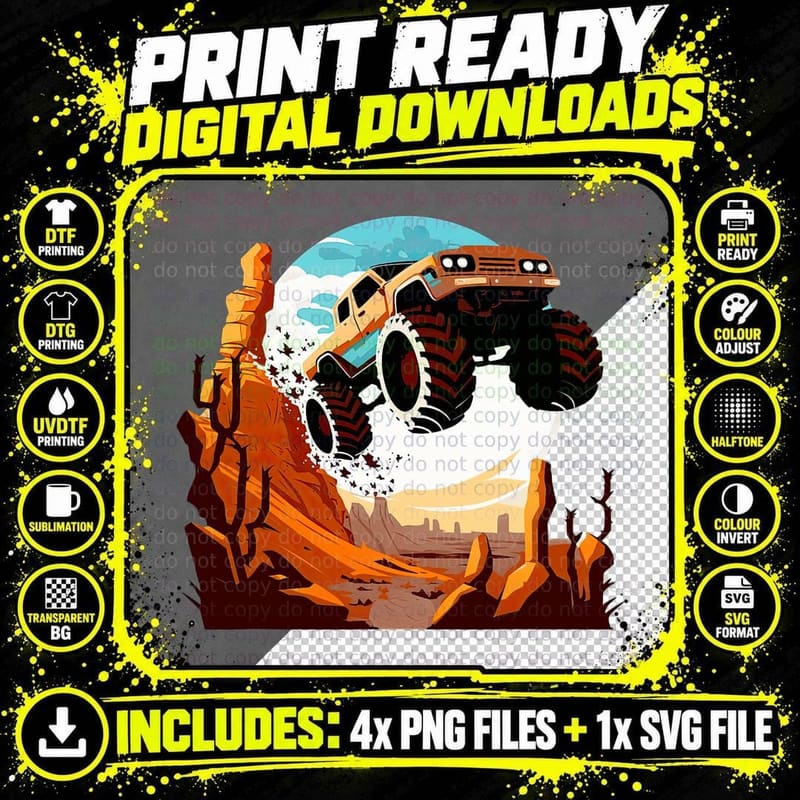 Monster Truck Canyon Jump Off-Road Vehicle Colorful Sky Png SVG Digital Bundle