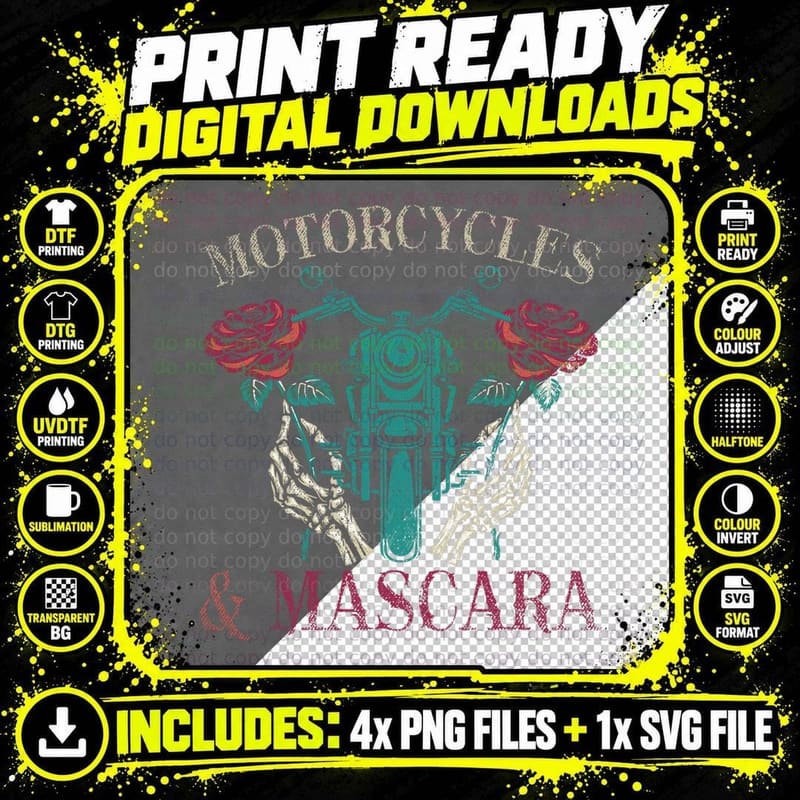 Motorbike Riding Women Motorcycles and Mascara Roses Png SVG Digital Bundle