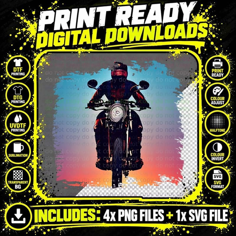 Motorcycle Rider Against Colorful Sky Motorcycle T-Shirt Png SVG Digital Bundle
