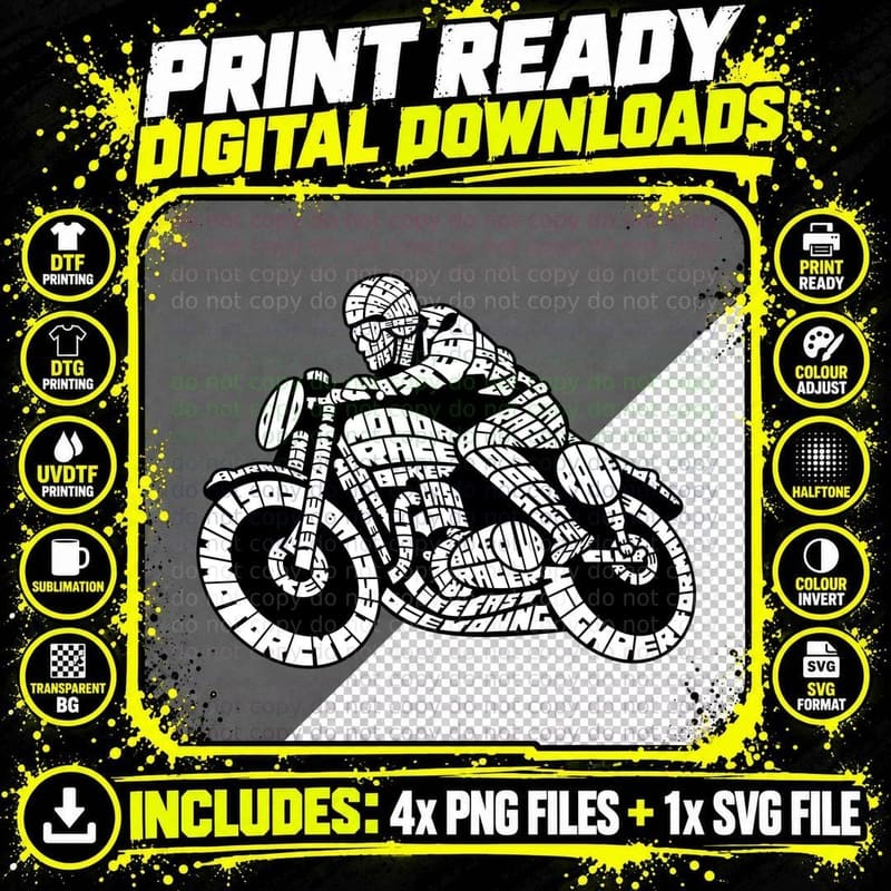 Motorcycle Rider White Silhouette Typography T-Shirt Png SVG Digital Bundle