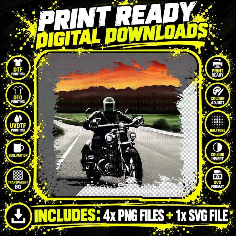 Motorcycle Rider on Road at Sunset Motorcycle T-Shirt Png SVG Digital Bundle