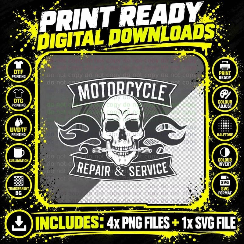 Motorcycle Skull Repair Service Vintage T-Shirt Png SVG Digital Bundle