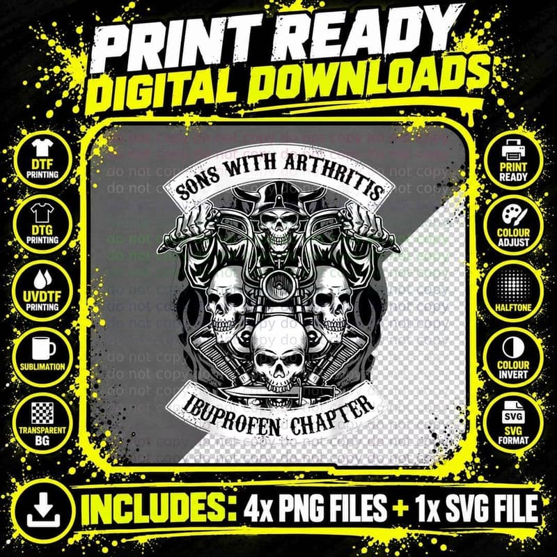 Motorcycle Skulls T-Shirt, Sons with Arthritis Ibuprofen Png SVG Digital Bundle