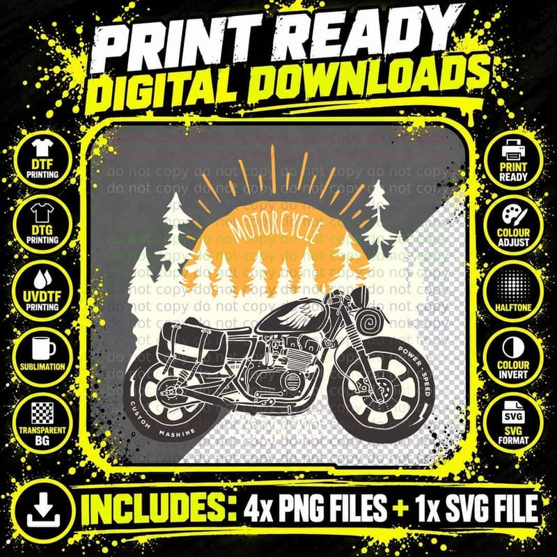Motorcycle Vintage Custom Ride Orange Forest Retro Png SVG Digital Bundle