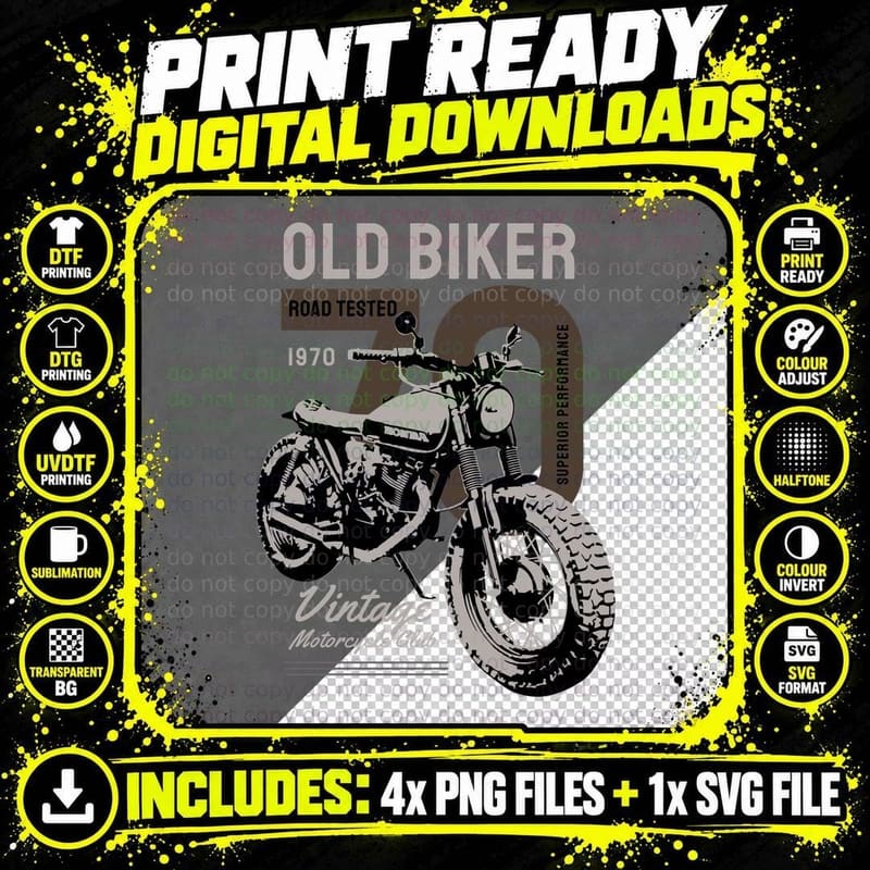 Old Biker Road Tested 1970 Super Performance Vintage Png SVG Digital Bundle