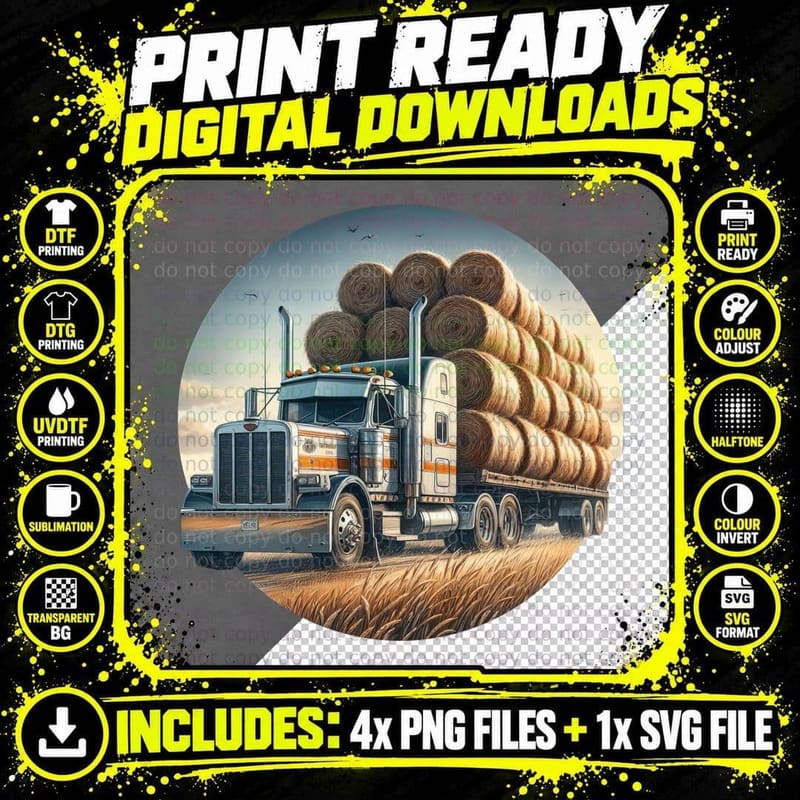 Orange Semi Truck Hay Bales Farm Sunset T-Shirt Png SVG Digital Bundle