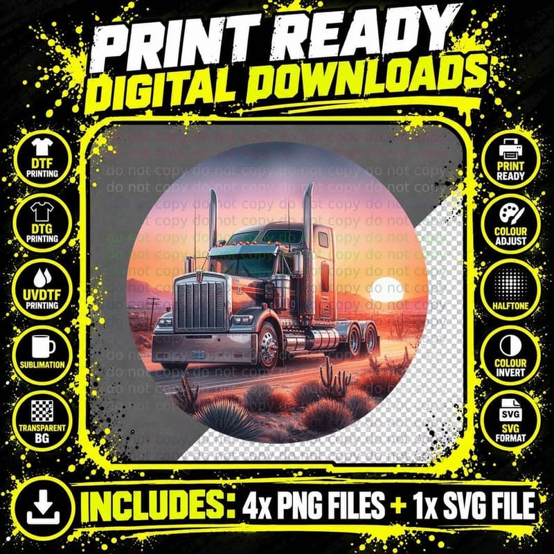 Orange Semi Truck Sunset Desert Glow T-Shirt Png SVG Digital Bundle