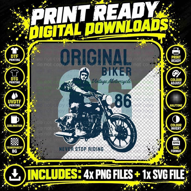 Original Biker Vintage Motorcycle 86 Never Stop Riding Png SVG Digital Bundle