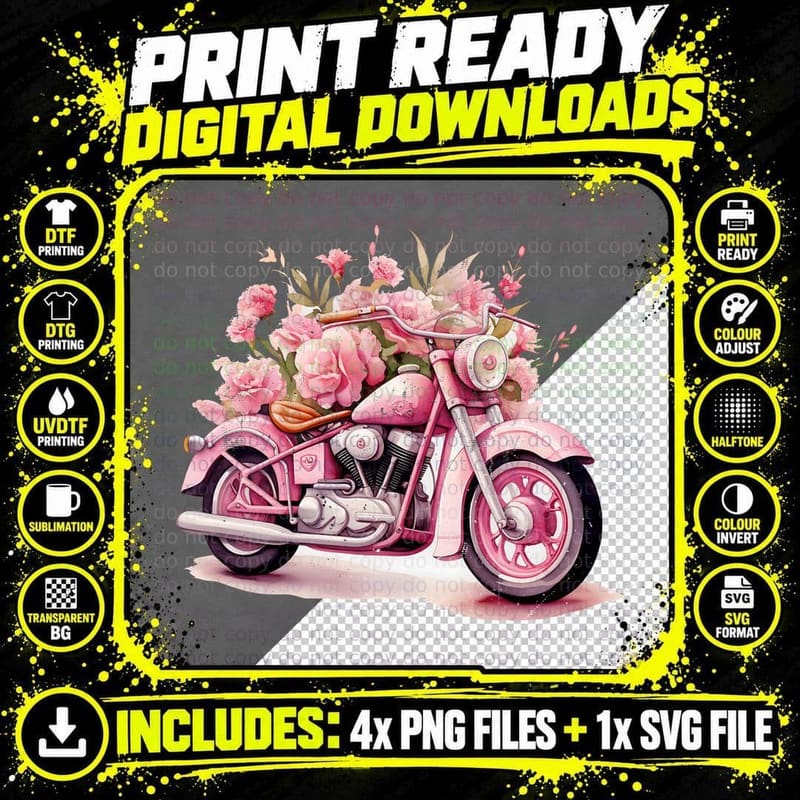 Pink Motorcycle Adorned with Flowers Motorcycle T-Shirt Png SVG Digital Bundle