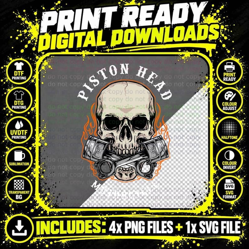Piston Head Motorcycle Biker Skull Engine T-Shirt Png SVG Digital Bundle
