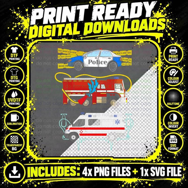 Police Car Fire Truck Ambulance First Responders T-Shirt Png SVG Digital Bundle