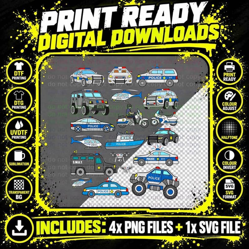Police Car Shirt for Boys Cop Vehicles Toddler SWAT Png SVG Digital Bundle