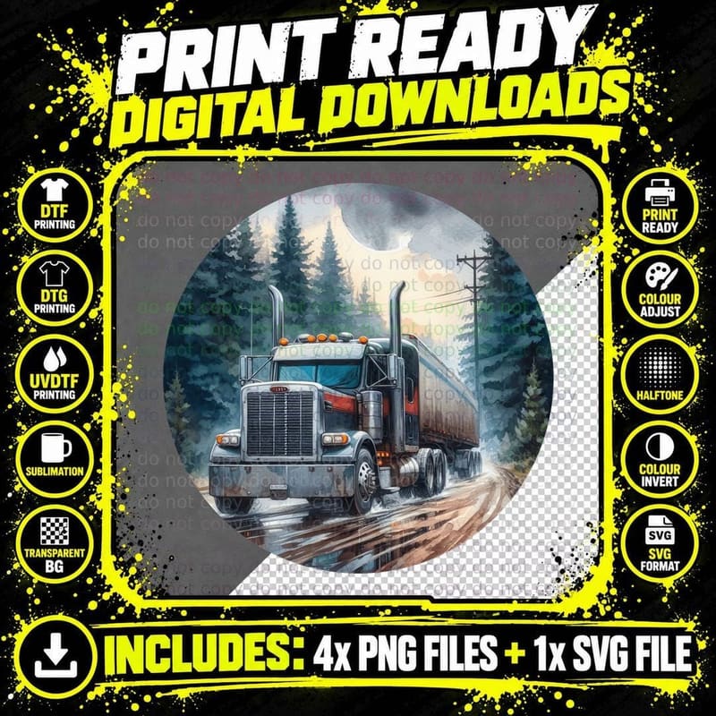 Red Semi Truck Forest Snowy Winter T-Shirt Png SVG Digital Bundle