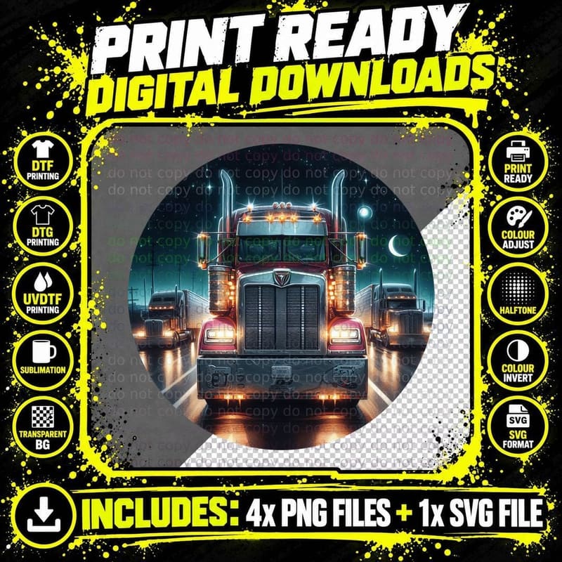 Red Semi Truck Lights Wolf Star Night City T-Shirt Png SVG Digital Bundle