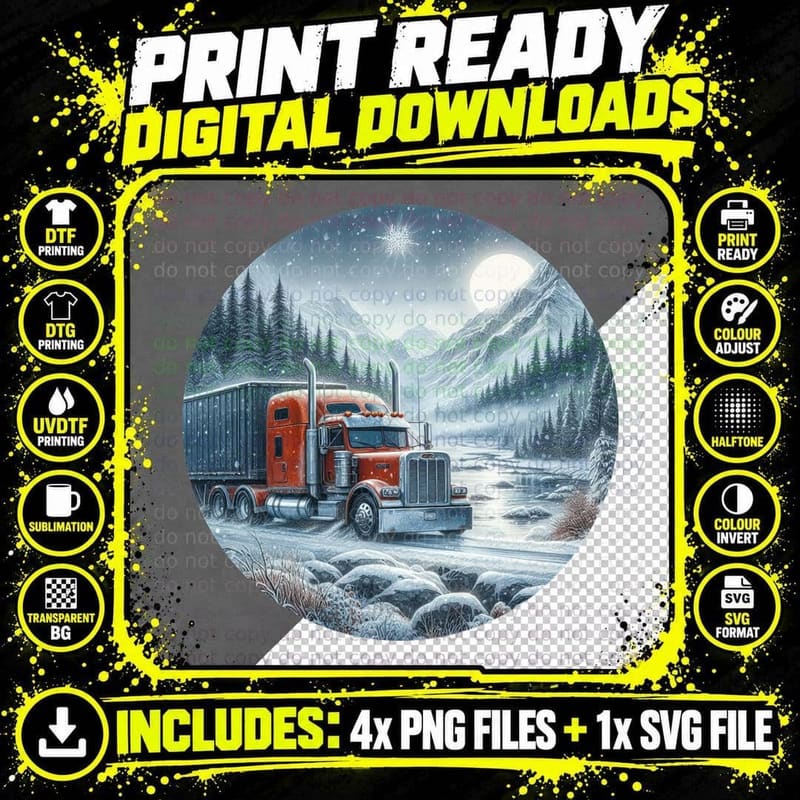Red Semi Truck Mountains Snowy Winter T-Shirt Png SVG Digital Bundle