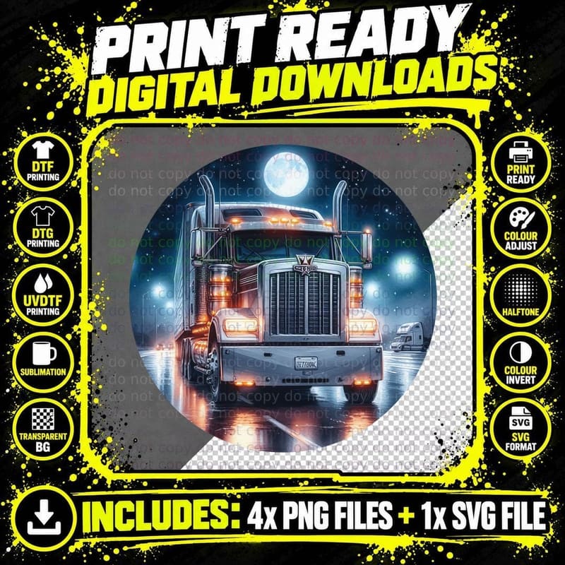 Red Semi Truck Night Nighttime Moon Chrome T-Shirt Png SVG Digital Bundle