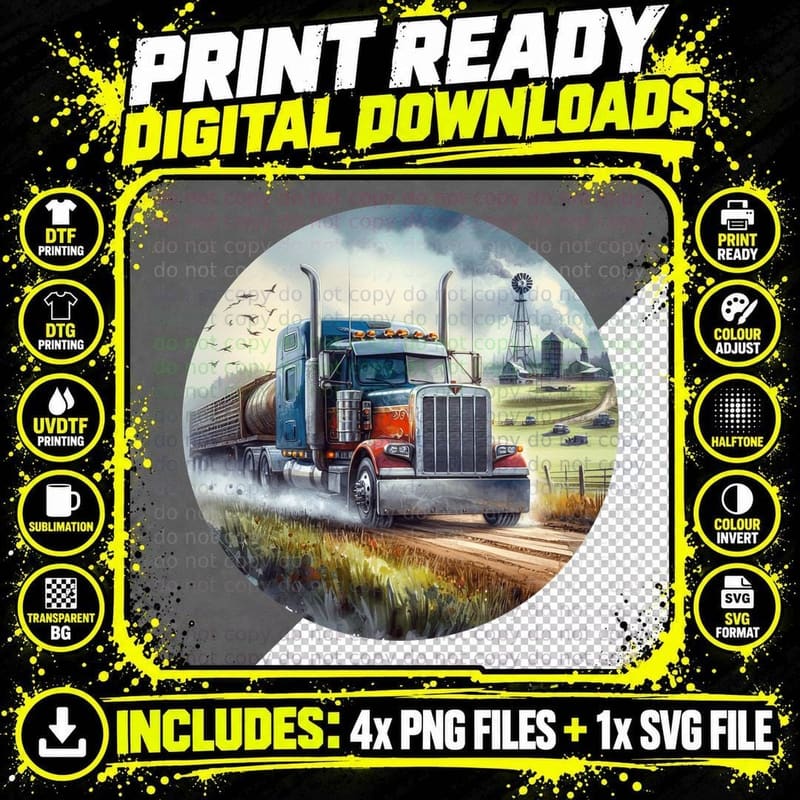 Red Semi Truck Rural Country Road T-Shirt Png SVG Digital Bundle