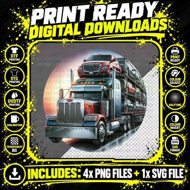 Red Semi Truck Transport Car Carrier Trailer T-Shirt Png SVG Digital Bundle