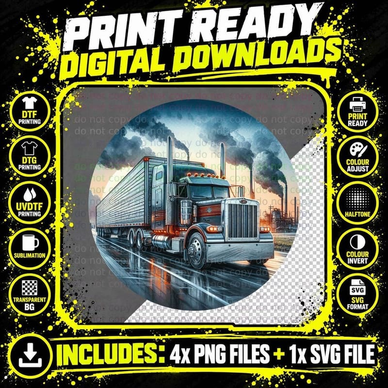 Red Semi Truck Wet Road Rainy City T-Shirt Png SVG Digital Bundle
